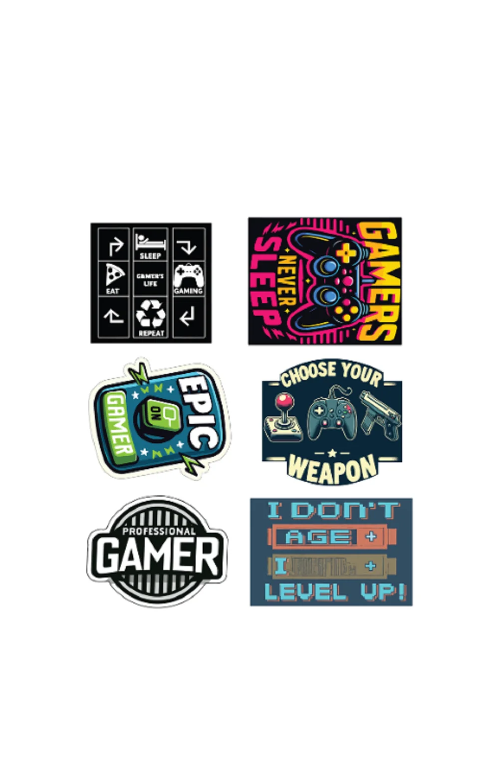 Video Game Sticker, Printed In Gloss Vinyl, Pack Of 6, Video Game Design, Size 2.5 Inch Of Each, Precut Sticker